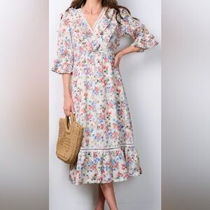NWT 🌷🩷Just Me Cream Maxi Dress with Pink & Blue Floral Print